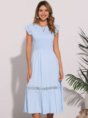 Cap Sleeve Lace Trim Smocked Ruffle Flowy Beach Dress