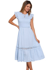 Cap Sleeve Lace Trim Smocked Ruffle Flowy Beach Dress