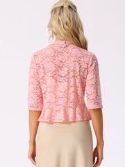 Lace Sheer 3/4 Sleeve Ruffle Hem Open Front Bolero Shrug
