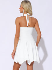 Halter Deep V Neck Sleeveless Solid Skater Mini Dress