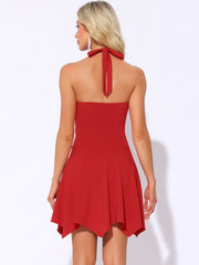 Halter Deep V Neck Sleeveless Solid Skater Mini Dress