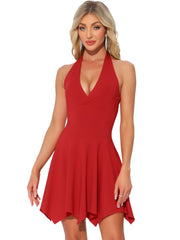Halter Deep V Neck Sleeveless Solid Skater Mini Dress