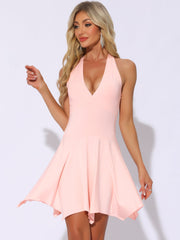Halter Deep V Neck Sleeveless Solid Skater Mini Dress