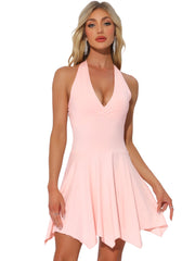 Halter Deep V Neck Sleeveless Solid Skater Mini Dress