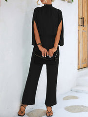 Elegant Solid Color Mock Tie Neck 3/4 Slit Sleeve Office Jumpsuits