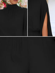 Elegant Solid Color Mock Tie Neck 3/4 Slit Sleeve Office Jumpsuits