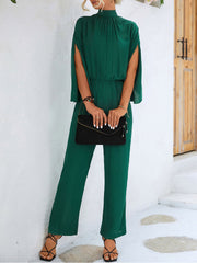 Elegant Solid Color Mock Tie Neck 3/4 Slit Sleeve Office Jumpsuits