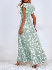 Dots Print Ruffled Cap Sleeves Smocked Waist Maxi Dress