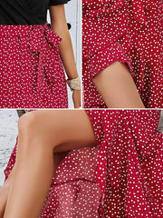 Boho-Chic Eyelet Short Sleeves Patchwork Floral Belted Hi-Lo Hem Midi Garden Party Dress