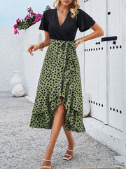 Boho-Chic Eyelet Short Sleeves Patchwork Floral Belted Hi-Lo Hem Midi Garden Party Dress
