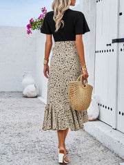 Boho-Chic Eyelet Short Sleeves Patchwork Floral Belted Hi-Lo Hem Midi Garden Party Dress