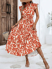 Flattering A-Line Ruffled Cap Sleeves Belted Floral Tiered for Garden Parties & Brunch Dates Maxi Dress