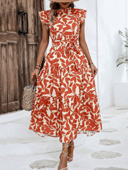 Flattering A-Line Ruffled Cap Sleeves Belted Floral Tiered for Garden Parties & Brunch Dates Maxi Dress