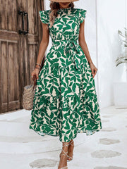 Flattering A-Line Ruffled Cap Sleeves Belted Floral Tiered for Garden Parties & Brunch Dates Maxi Dress