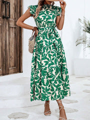 Flattering A-Line Ruffled Cap Sleeves Belted Floral Tiered for Garden Parties & Brunch Dates Maxi Dress