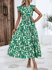 Flattering A-Line Ruffled Cap Sleeves Belted Floral Tiered for Garden Parties & Brunch Dates Maxi Dress