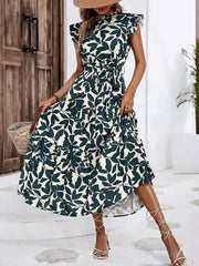 Flattering A-Line Ruffled Cap Sleeves Belted Floral Tiered for Garden Parties & Brunch Dates Maxi Dress