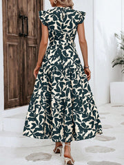 Flattering A-Line Ruffled Cap Sleeves Belted Floral Tiered for Garden Parties & Brunch Dates Maxi Dress