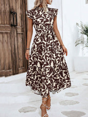 Flattering A-Line Ruffled Cap Sleeves Belted Floral Tiered for Garden Parties & Brunch Dates Maxi Dress