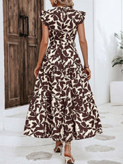 Flattering A-Line Ruffled Cap Sleeves Belted Floral Tiered for Garden Parties & Brunch Dates Maxi Dress
