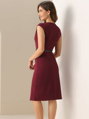 Elegant Business Cap Sleeve Belted Pencil Work Sheath Dress
