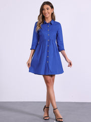 Ruched 3/4 Sleeve Button Up Casual Mini Shirt Dress