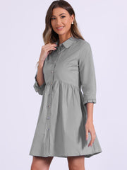 Ruched 3/4 Sleeve Button Up Casual Mini Shirt Dress