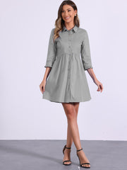 Ruched 3/4 Sleeve Button Up Casual Mini Shirt Dress