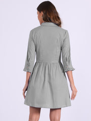 Ruched 3/4 Sleeve Button Up Casual Mini Shirt Dress