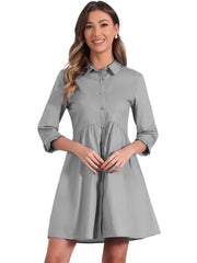 Ruched 3/4 Sleeve Button Up Casual Mini Shirt Dress