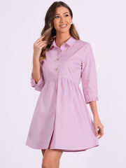 Ruched 3/4 Sleeve Button Up Casual Mini Shirt Dress