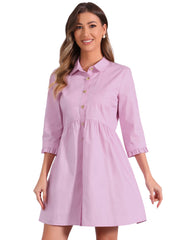 Ruched 3/4 Sleeve Button Up Casual Mini Shirt Dress