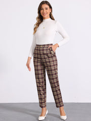 Vintage Tartan Plaid Pants Elastic Waist Straight Long Trousers