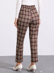 Vintage Tartan Plaid Pants Elastic Waist Straight Long Trousers