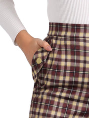 Vintage Tartan Plaid Pants Elastic Waist Straight Long Trousers