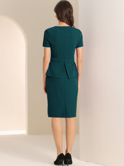 Peplum Pencil Crew Neck Short Sleeve Bodycon Elegant Sheath Dress
