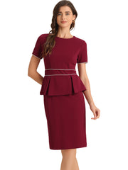 Peplum Pencil Crew Neck Short Sleeve Bodycon Elegant Sheath Dress