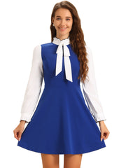 Patchwork Contrast Color Long Sleeve Tie Neck Mini Dress