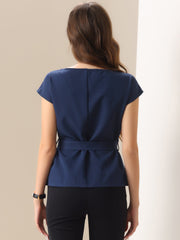 Cap Sleeve Boat Neck Office Work Belted Tops