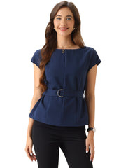 Cap Sleeve Boat Neck Office Work Belted Tops