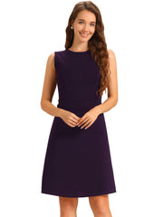 Solid Color Round Neck Sleeveless A-Line Work Midi Dress