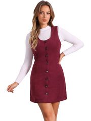 Corduroy Overall Scoop Neck Sleeveless Button Pinefore Dress