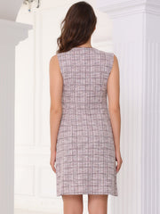 Tweed Plaid Sleeveless Pockets Zipper Work Dress