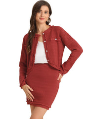 2 Pieces Stretch Textured Knit Cropped Jacket and Mini Skirt Suit Sets