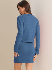 2 Pieces Stretch Textured Knit Cropped Jacket and Mini Skirt Suit Sets