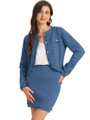 2 Pieces Stretch Textured Knit Cropped Jacket and Mini Skirt Suit Sets