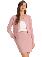 2 Pieces Stretch Textured Knit Cropped Jacket and Mini Skirt Suit Sets