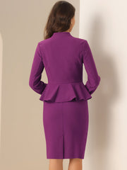 2 Piece Long Sleeve Collarless Peplum Blazer and Pencil Skirt Work Suit Set