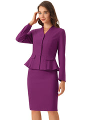 2 Piece Long Sleeve Collarless Peplum Blazer and Pencil Skirt Work Suit Set