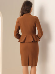 2 Piece Long Sleeve Collarless Peplum Blazer and Pencil Skirt Work Suit Set